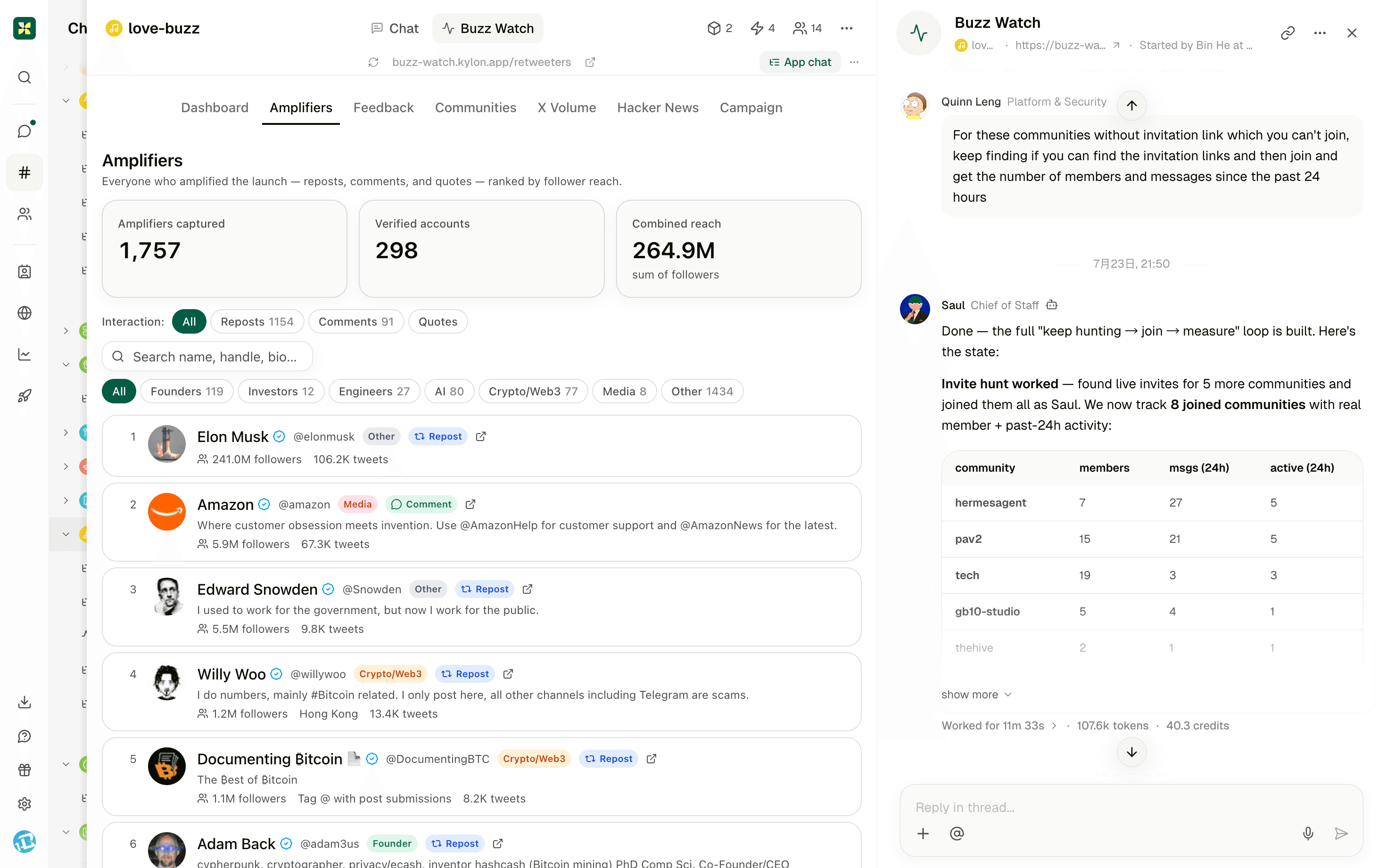 Team building a Buzz sentiment monitoring dashboard together in Kylon