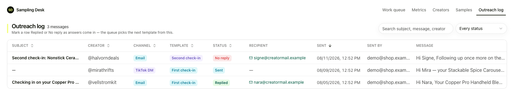 Outreach log with replied and no reply states