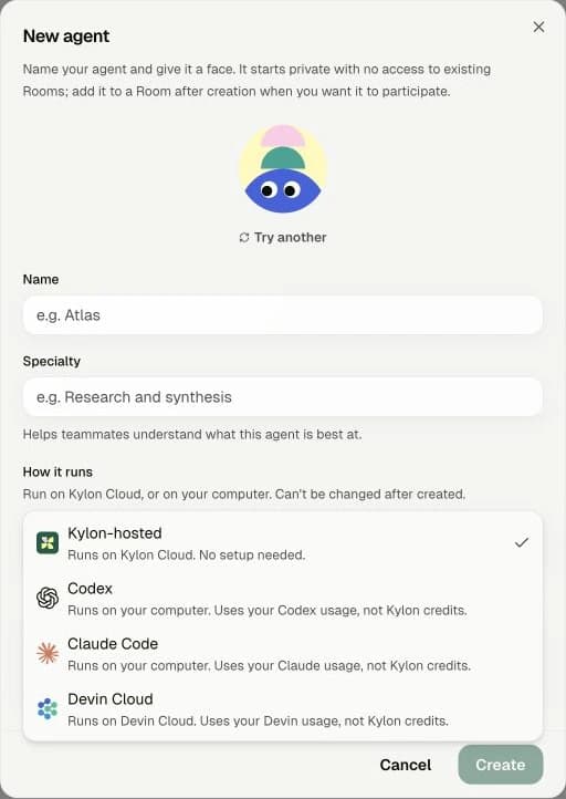 Kylon New agent dialog with Codex and Claude Code options