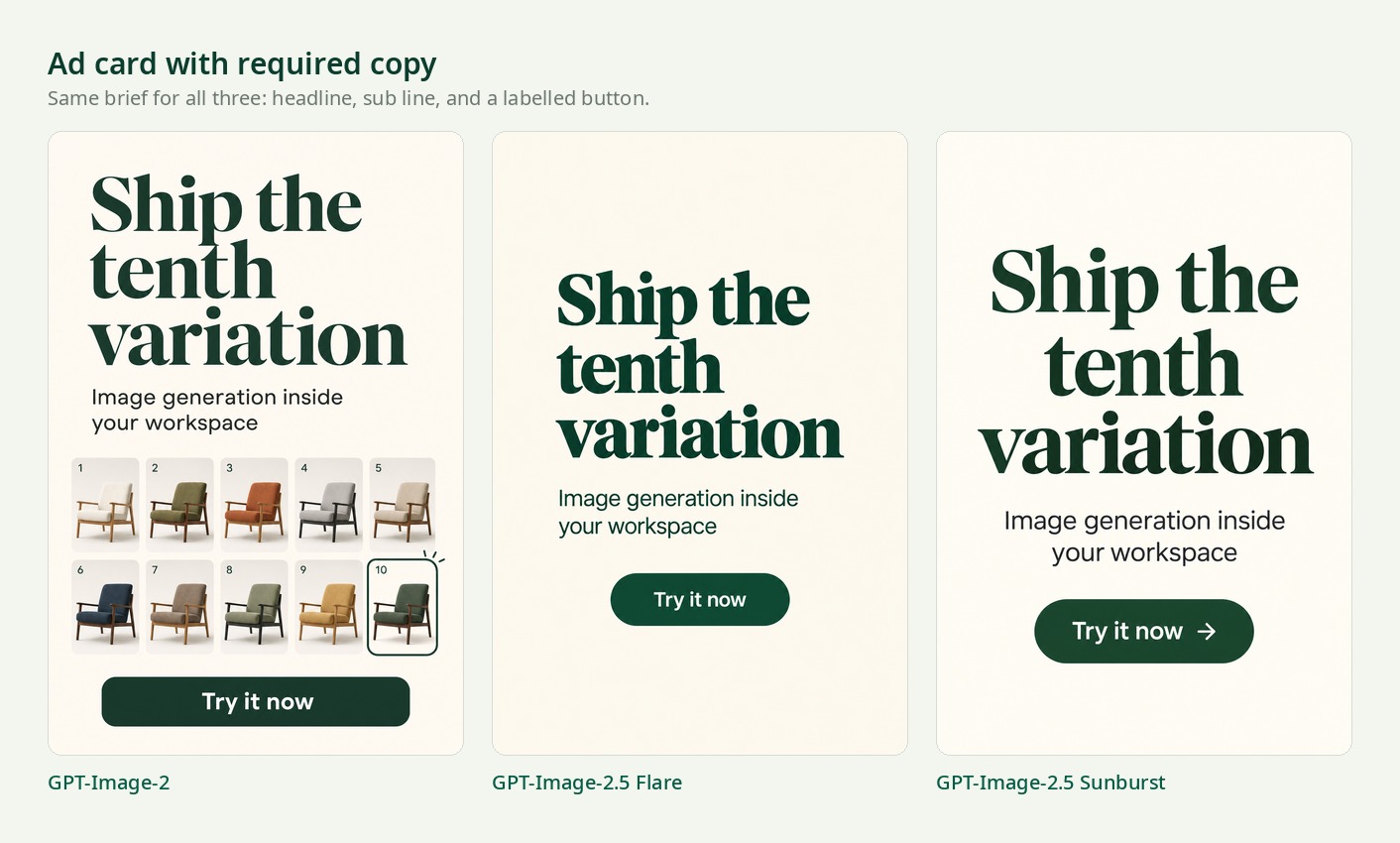 Same ad card prompt rendered by three models, each showing headline, sub line and button