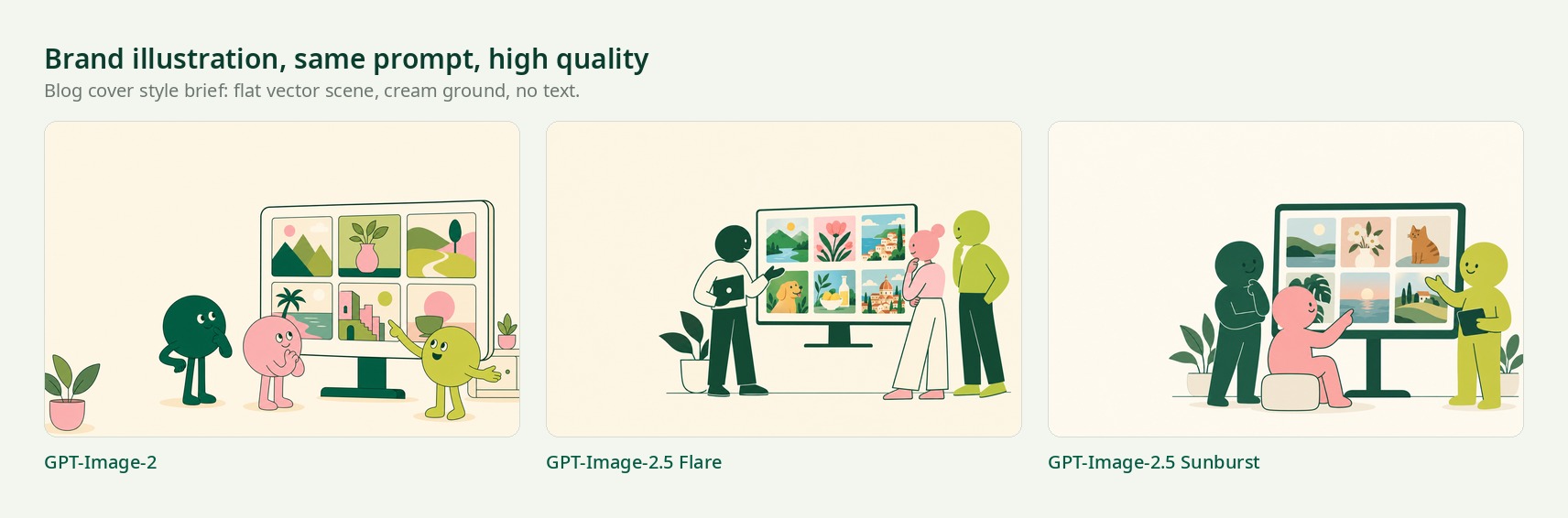 Same brand illustration prompt rendered by GPT-Image-2, GPT-Image-2.5 Flare and GPT-Image-2.5 Sunburst