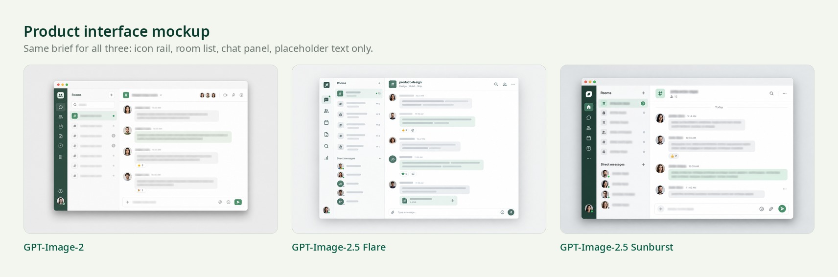 Same product interface mockup prompt rendered by three models