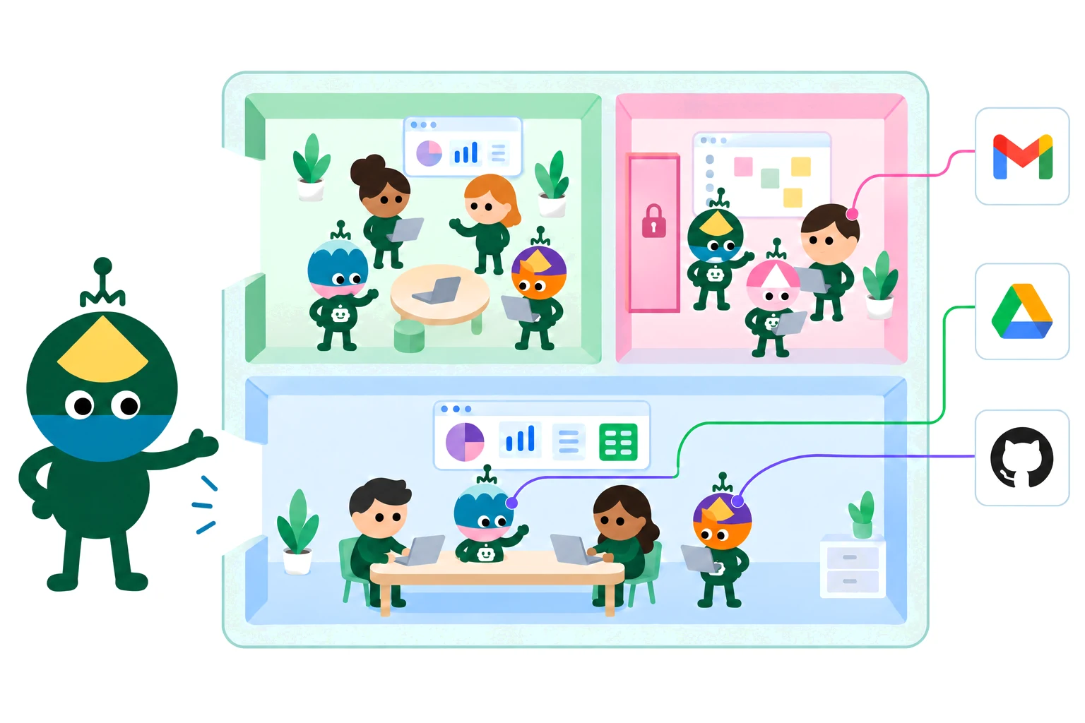 People and agents working together in one Kylon workspace, with Apps in the Rooms where the work happens and external accounts connected to a person or an agent